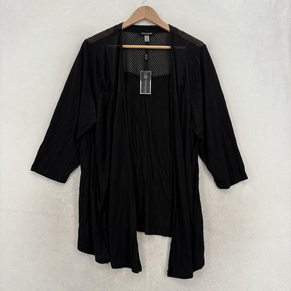 Cable & Gauge Cardigan Sweater Womens 2X Black Mesh Open Front Knit Casual NWT